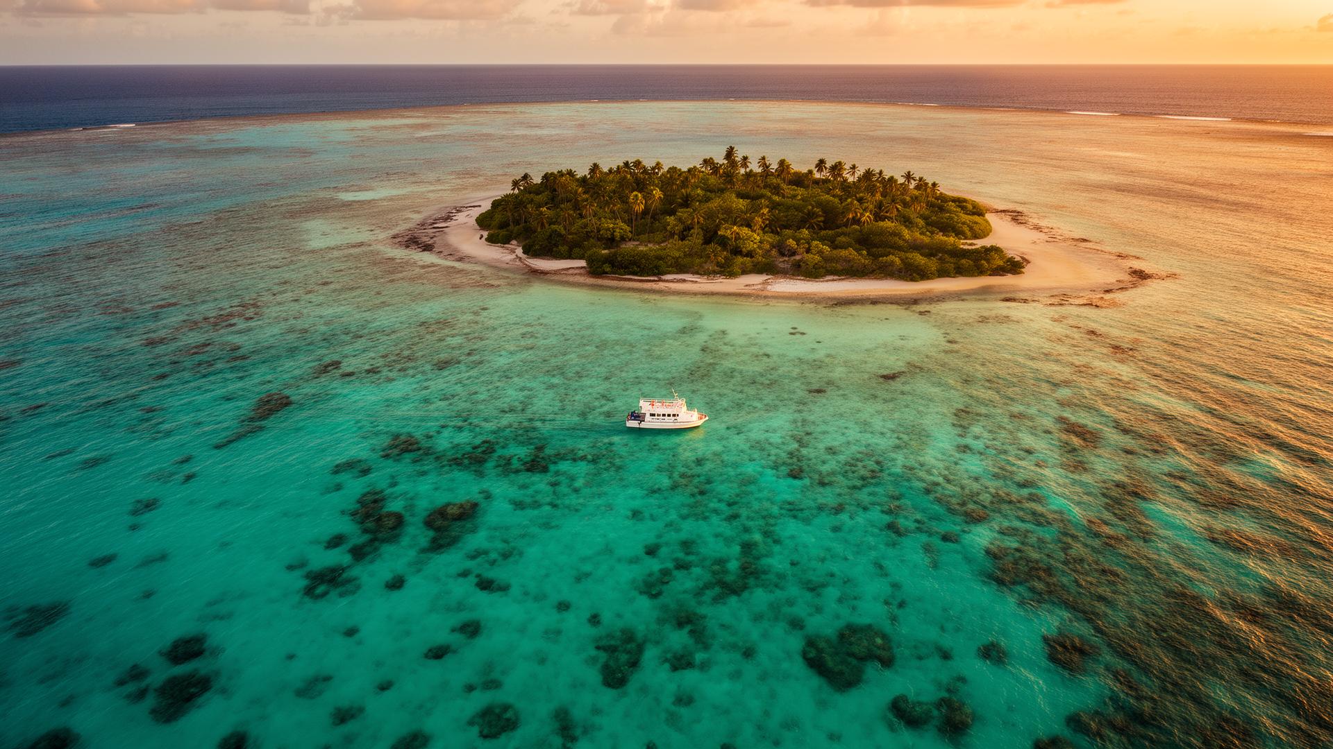 Great Barrier Reef tour boat near Cairns at golden hour