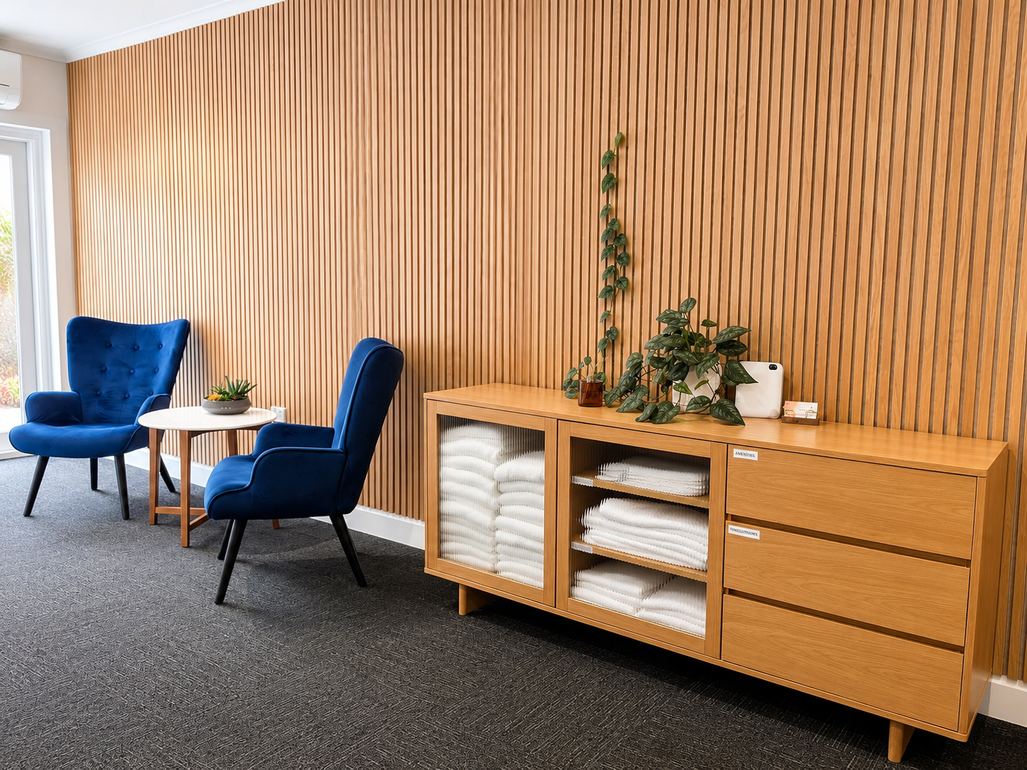 Extra towels and toiletries available in the Level 1 guest lounge at The Abbott Boutique Hotel Cairns