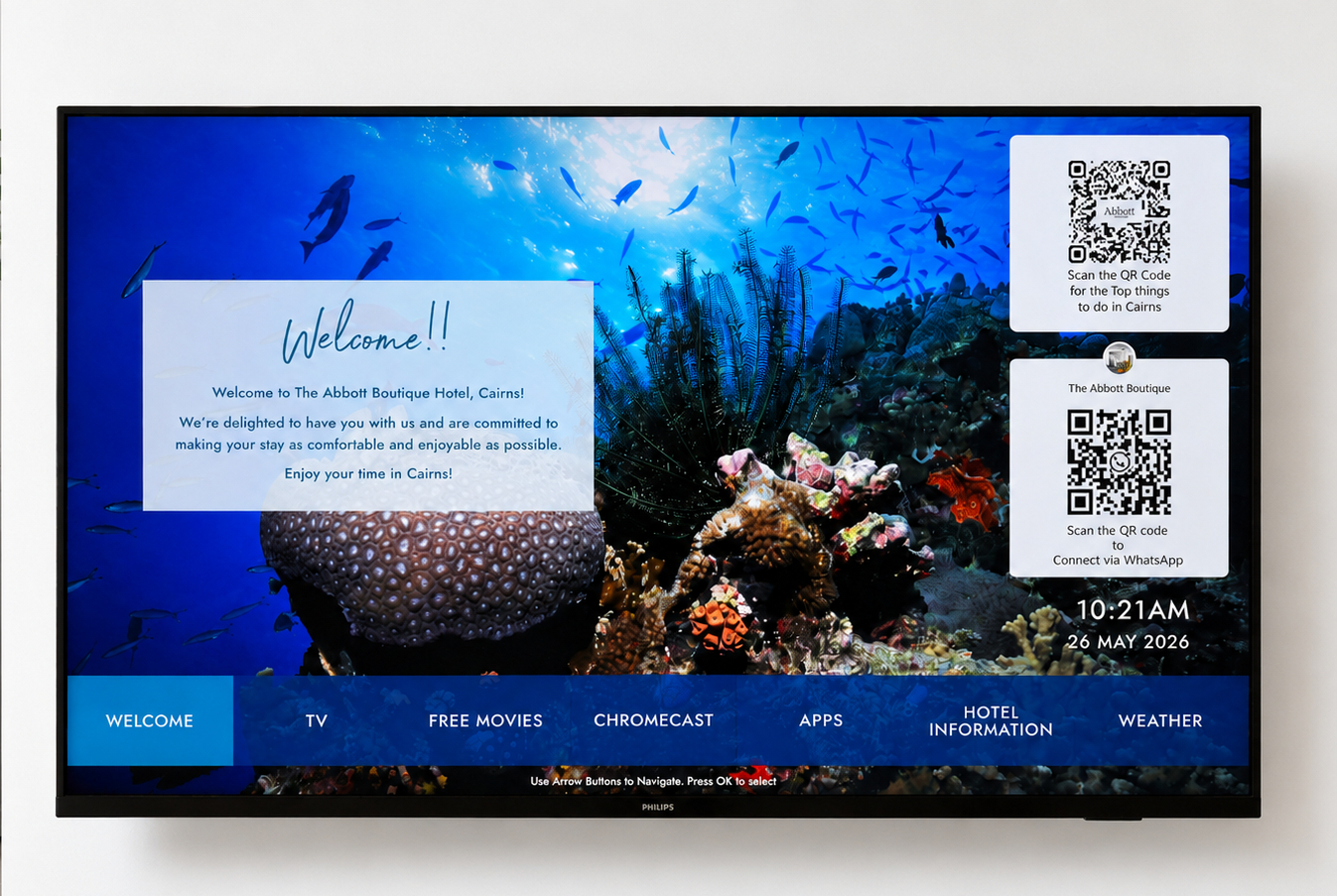 Smart TV with free movie library at The Abbott Boutique Hotel Cairns